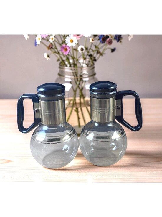 Pyrex Silex Other - Vintage Pyrex Mid-Century Modern Glass Carafes With Black Handles & Lids Gold Ba